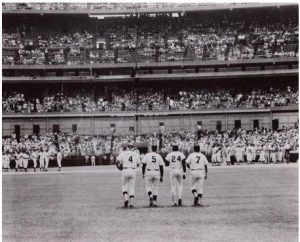 Snider, DiMaggio, Mays and Mantle walking in from centerfield on July 16,1977, at Shea Stadium on Old-Timers Day